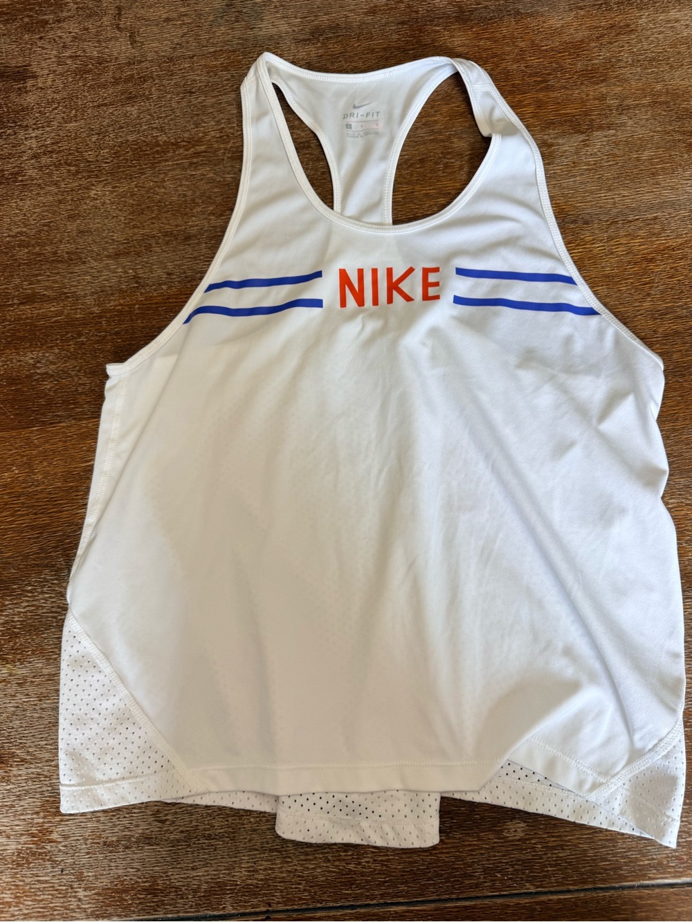 Nike White Racerback Tank with Blue Stripes and Orange Logo